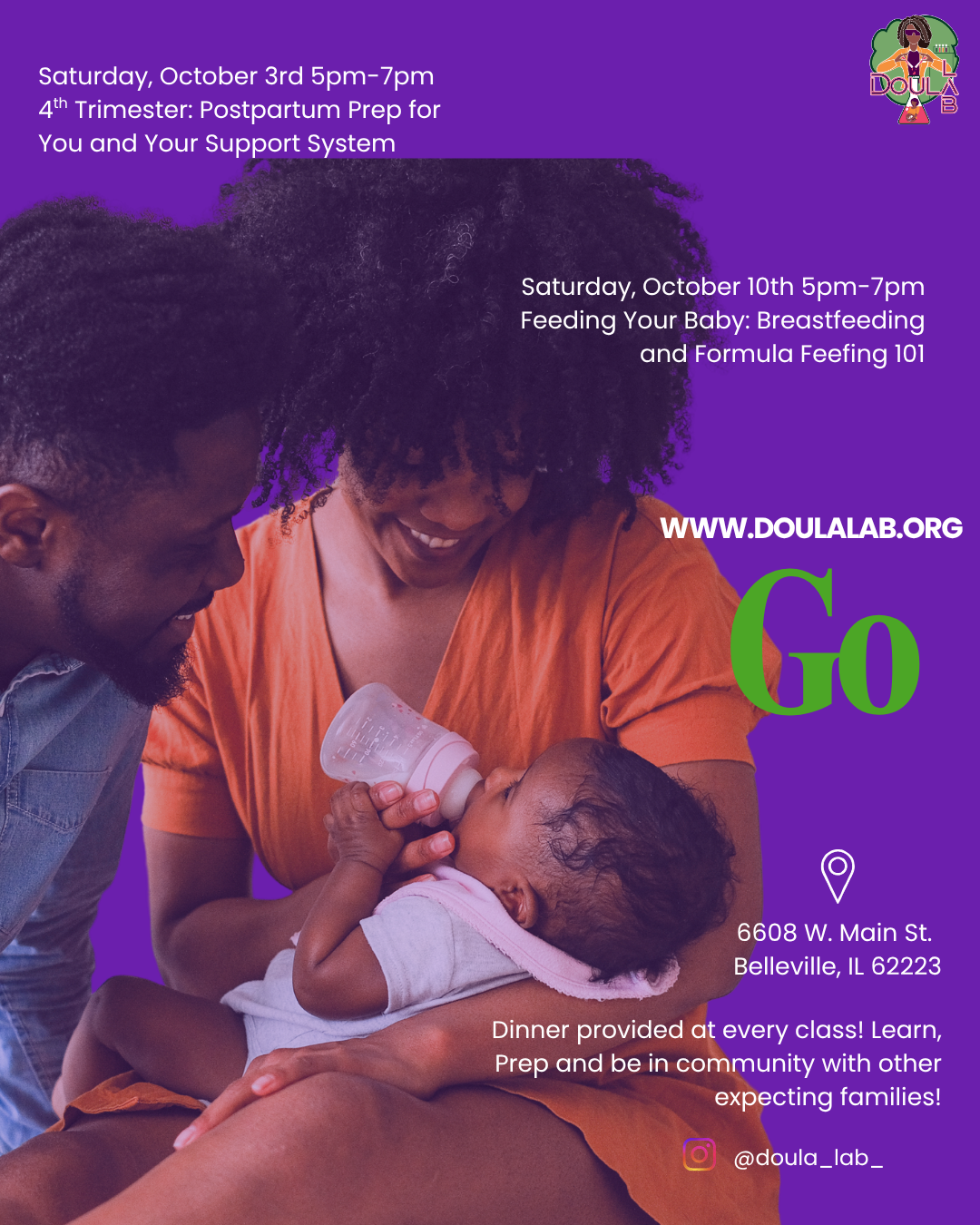 Go — Oct. 3 4th Trimester: Postpartum Prep for You and Your Support System; Oct. 10 Feeding Your Baby: Breastfeeding and Formula Feeding 101. 5pm–7pm, Belleville IL.