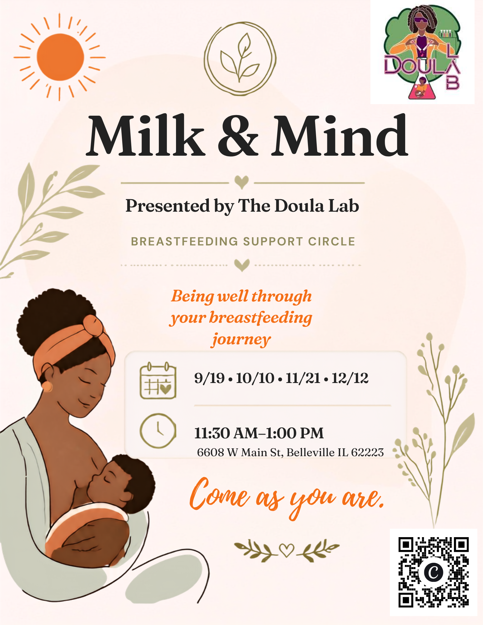 Milk & Mind Breastfeeding Support Circle flyer — monthly sessions at 6608 W Main St, Belleville IL